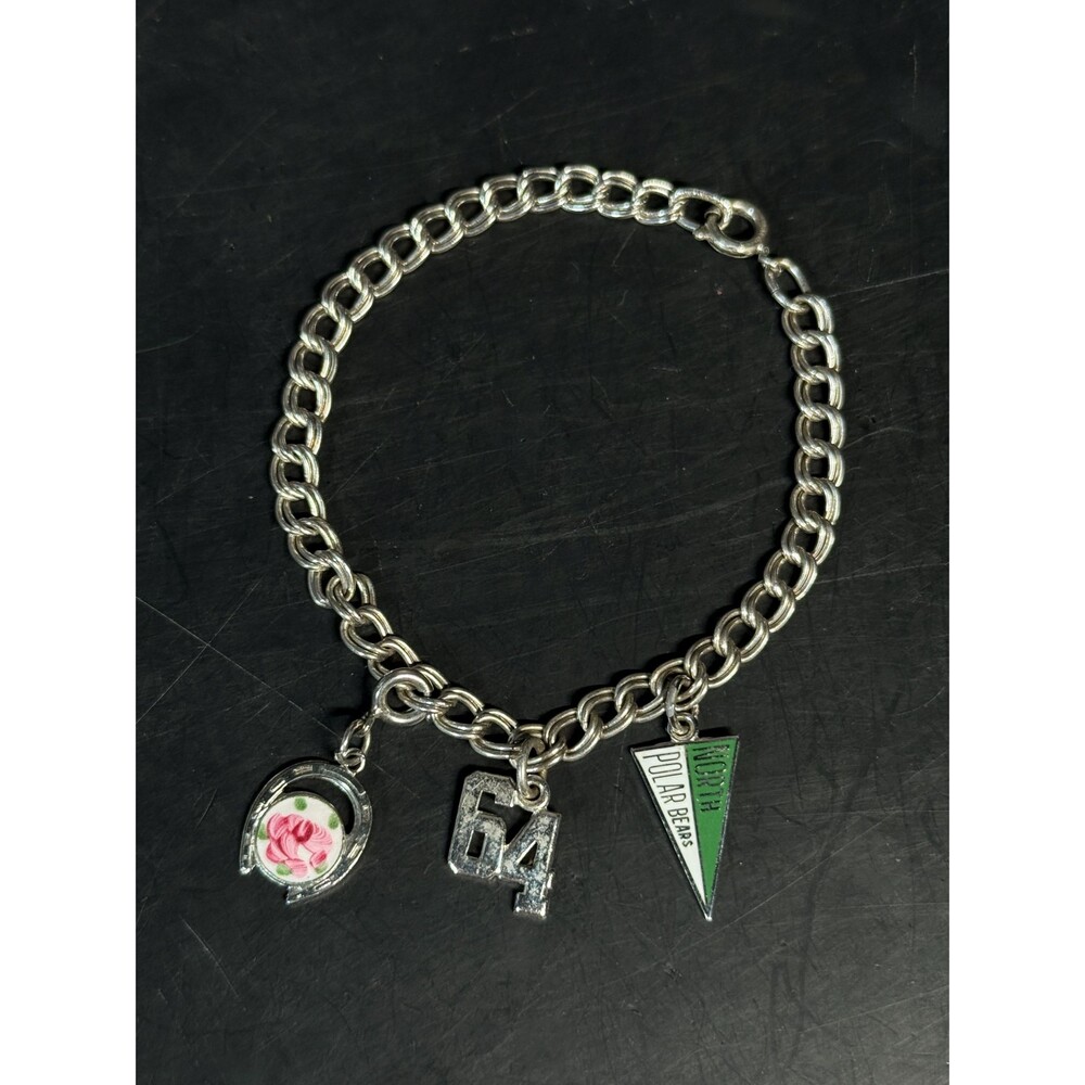 Vintage Sterling Silver Charm Bracelet 64 Number North Polar Bears 6.75in